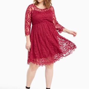 Torrid Raspberry Burgundy Lace Long Sleeve Skater Dress Size 18